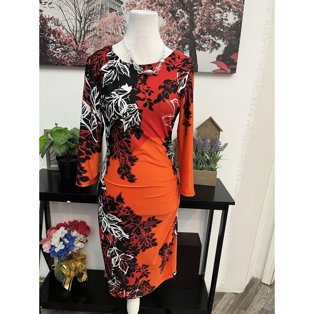 AA Studio Floral Ruched Bodycon Dress Size 6 Long Sleeve Cocktail Knee-Length